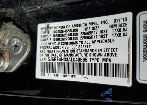 2010 Honda Cr-V Lx from USA, damaged, VIN 5J6RE4H33AL040565